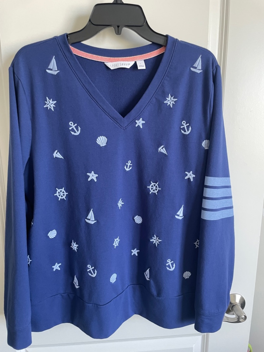 Sport Savvy Navy Blue  V-Neck Nautical Print Top